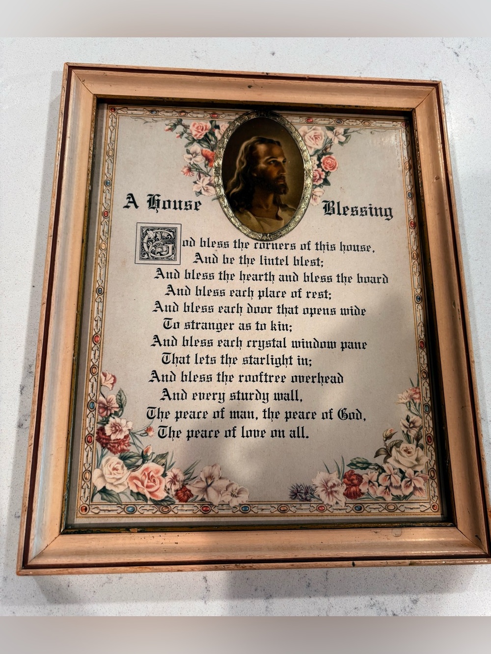 Vintage Floral 'A House Blessing' Art Print in Gold and Pink